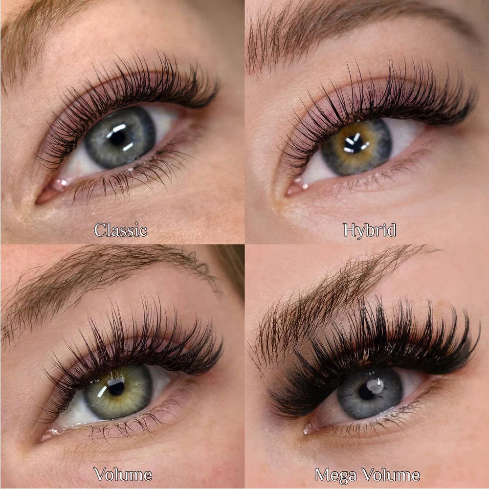 Comparison chart of Lash Extension Styles showing classic, hybrid, volume, and mega volume lash looks with close-up eye examples for each style.