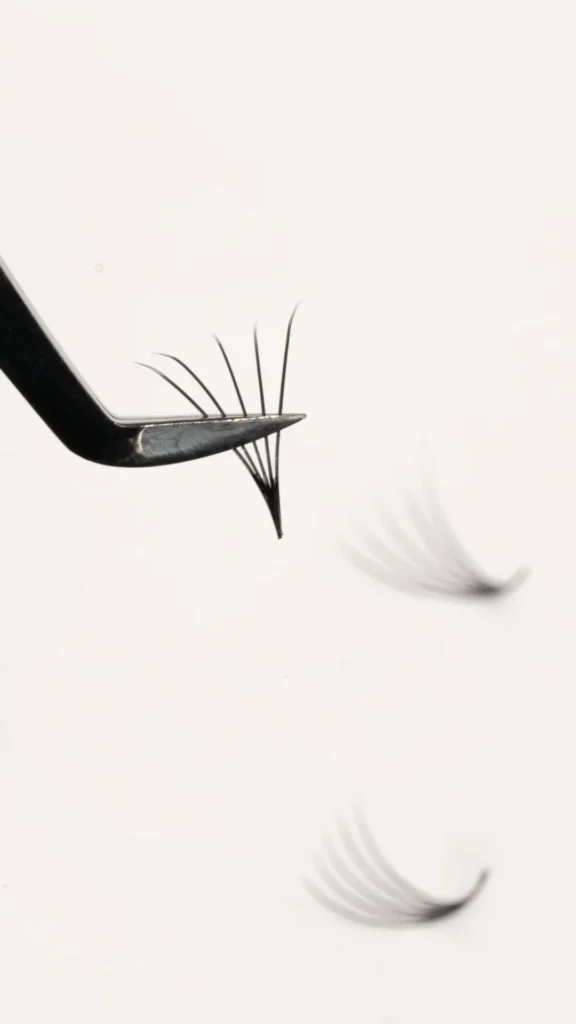 Close-up of lash extensions falling off tweezers, visually explaining why do lash extensions fall out fast because of poor retention and improper application.